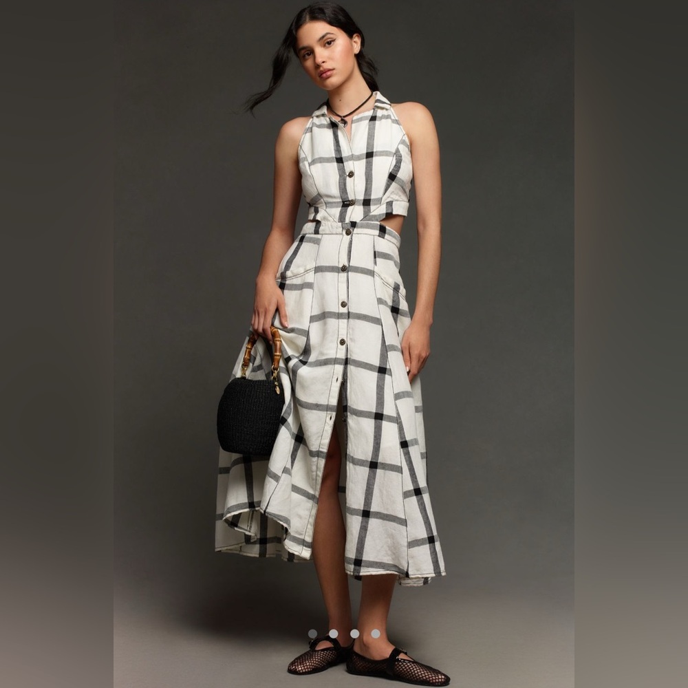NWT Pilcro Halter Plunge Linen Midi Dress Black White Easter dress